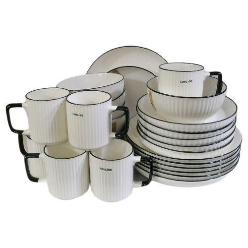 24pcs Of Black line Design Plates Bowls Cups Dinner Set - Cream.