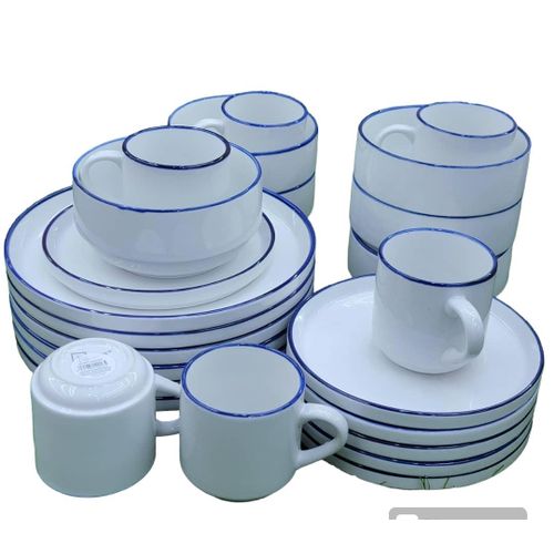 24pcs Of Blue Line Design Plates Bowls Cups Dinner Set - White/Blue