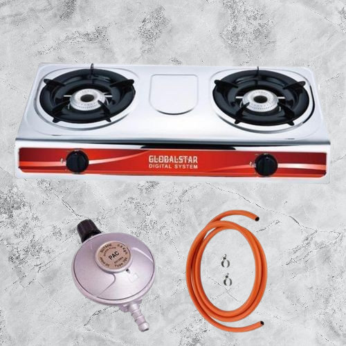 Globalstar Complete Double Burner Stainless Steel Gas Stove Kit For 6kg Gas Cylinder