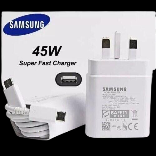 Samsung 45W USB C Plug For Samsung, SuperFast Charger Plug And Cable 1M, USB C Super Fast Charger For Galaxy S23 Ultra/S22+/S22 Ultra/S21/S20/A13/A14/A54 5G, UK Type C Charger Plug - White.