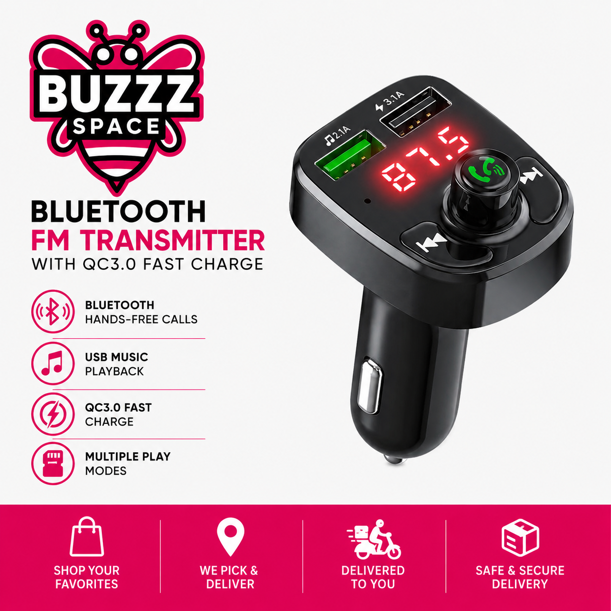 Car Charger with Wireless Bluetooth Mp3 Player, Usb port & call reciever button - Black