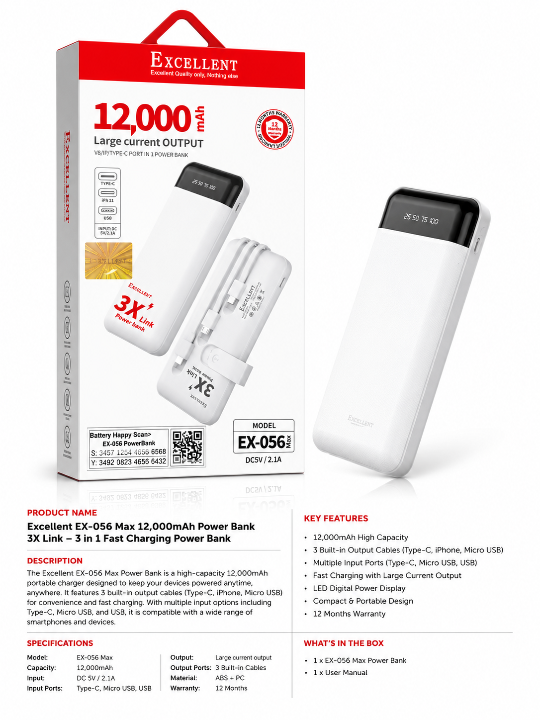 Excellent EX-056 Max 12,000mAh Power Bank – 3X Link Fast Charging Power Bank